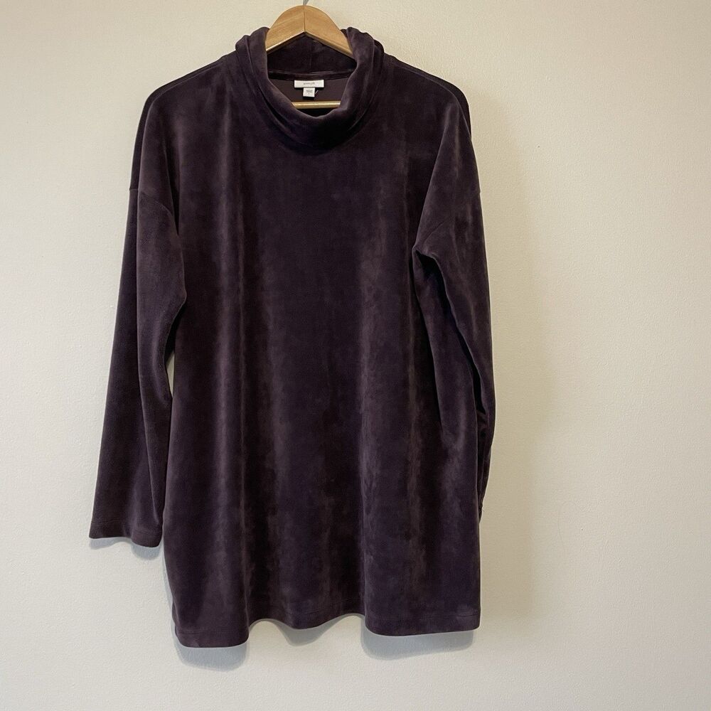 J Jill PureJill  Velour Velvet Tunic Top L Purple Cowl Neck Lounge Cozy Soft